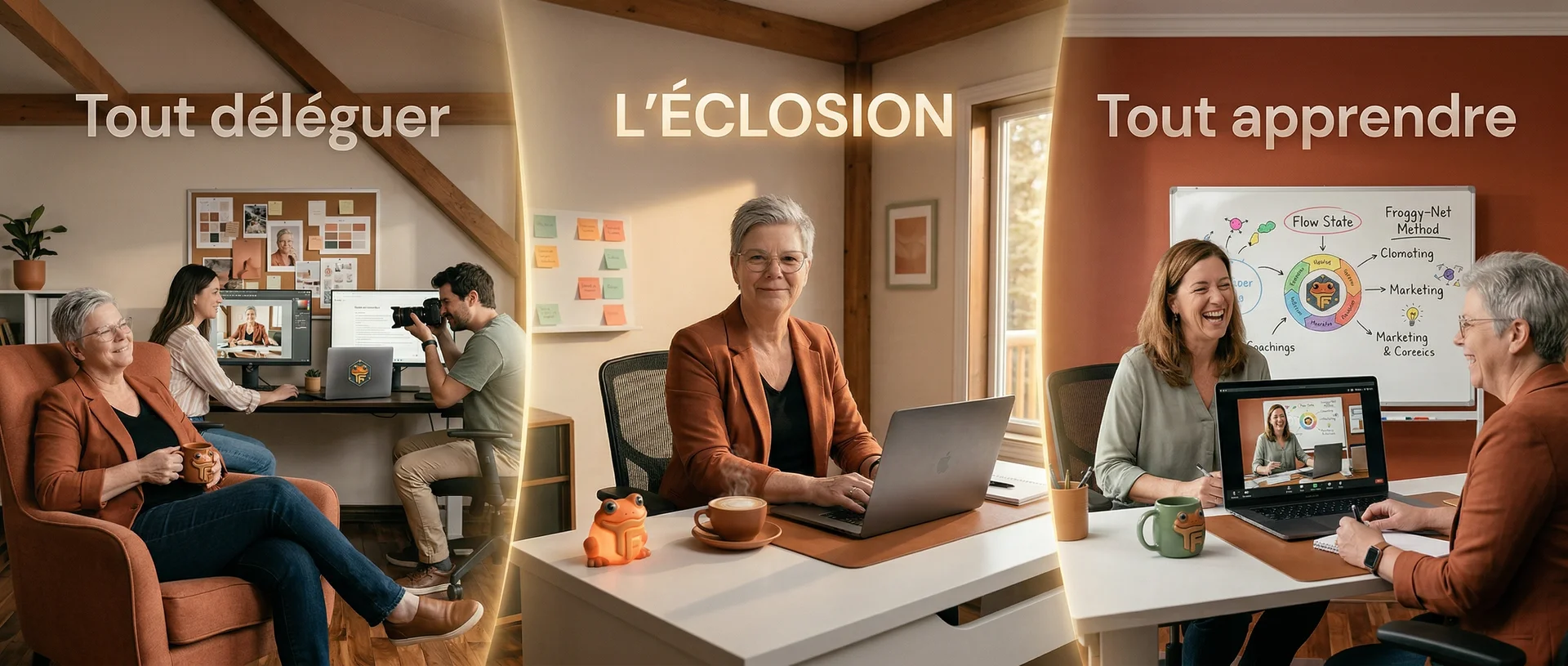 Triptyque des 3 voies Froggy-Net : Tout déléguer (forfaits mensuels), L'Éclosion (la voie du milieu), Tout apprendre (coaching avec Valérie)