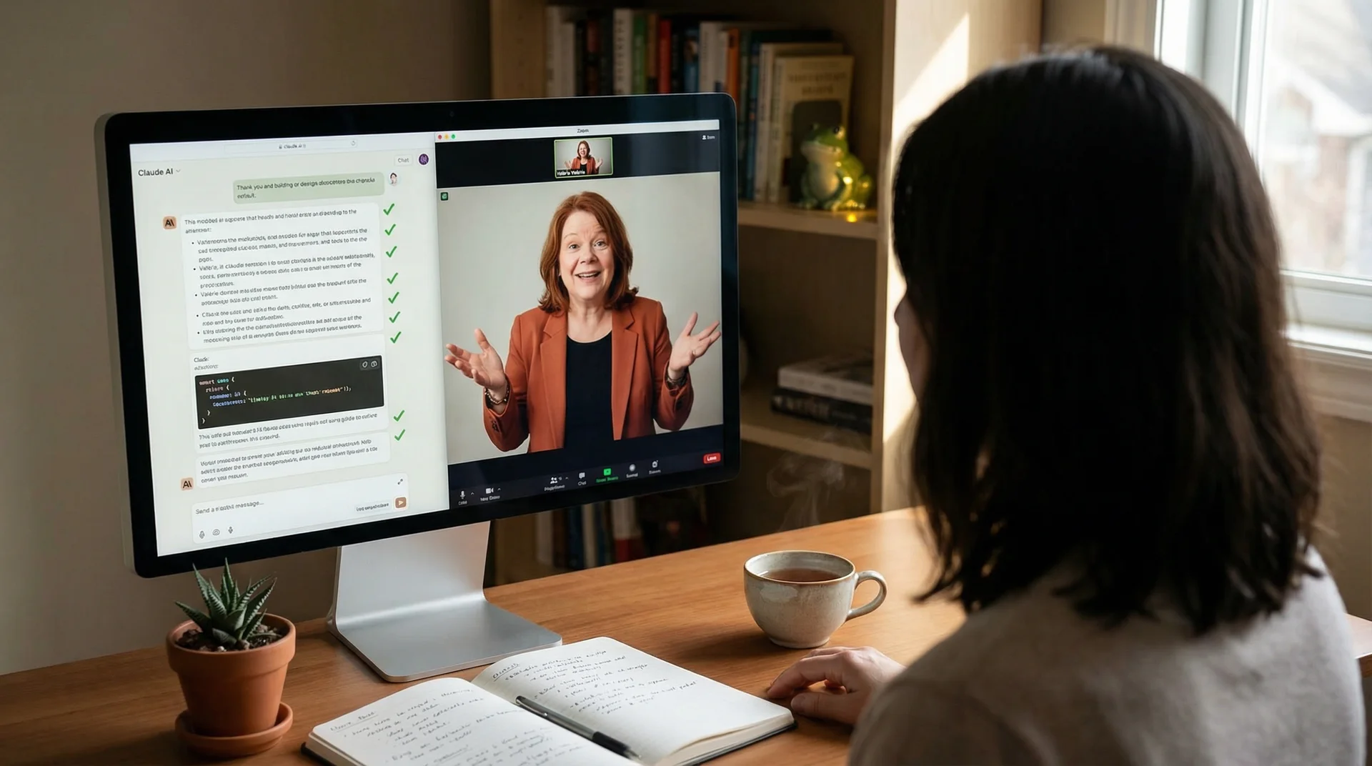 Valérie en coaching Zoom avec une cliente — écran partagé avec Claude