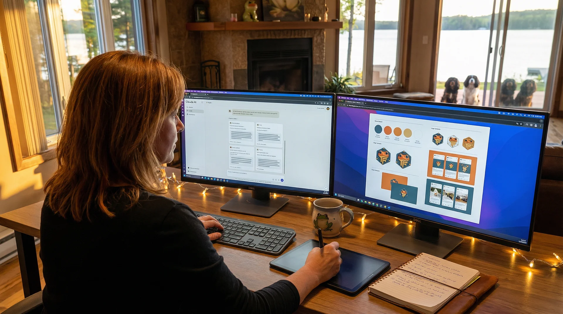 Valérie en coulisses, concentrée devant deux écrans, configurant un Projet Claude personnalisé pour une cliente