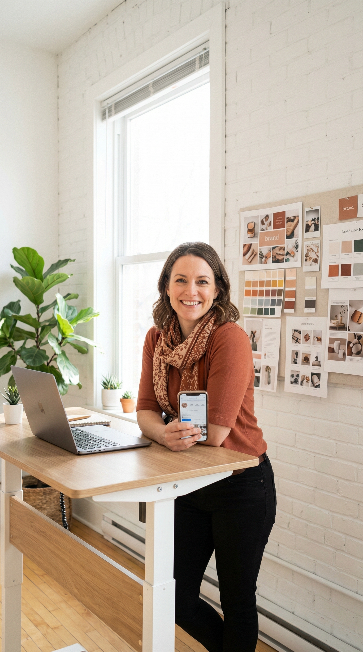 Entrepreneure québécoise souriante avec son laptop, dans un espace de travail lumineux et inspirant — la cliente idéale de l'Éclosion