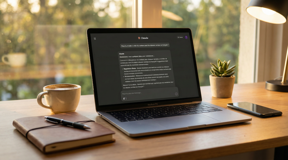 Écran de laptop montrant une conversation fluide avec Claude — interface simple, réponses personnalisées