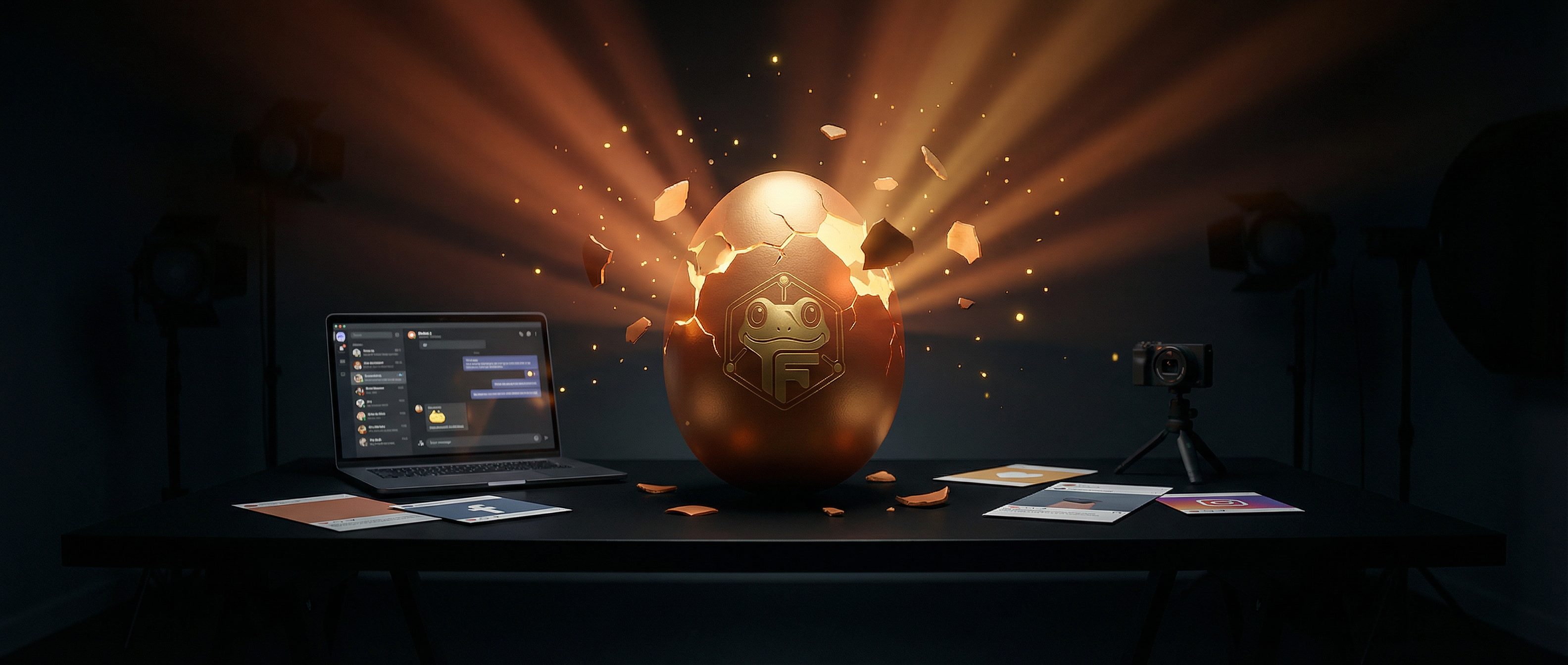 Oeuf lumineux qui éclot dans un studio créatif sombre — L'Éclosion par Froggy-Net