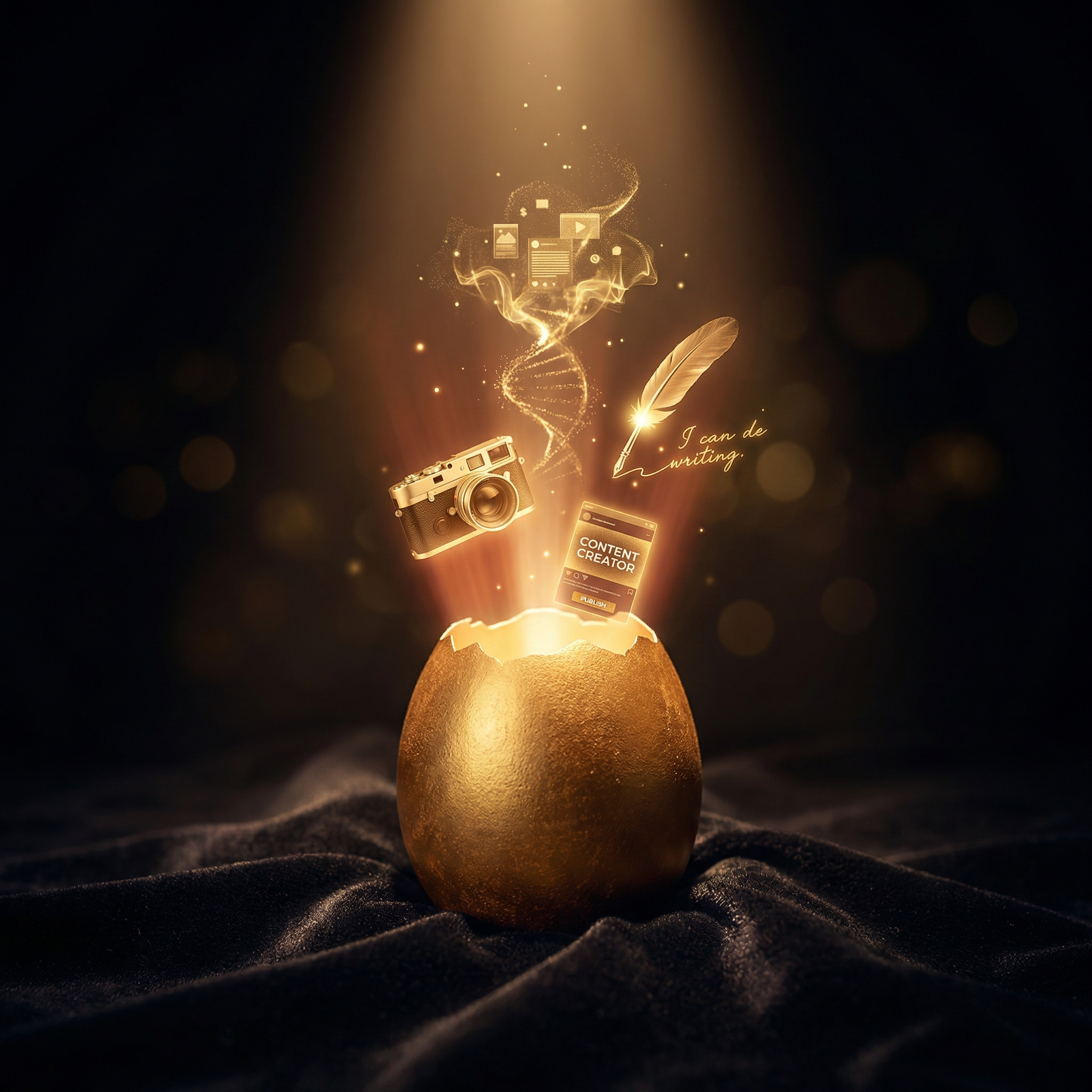 Oeuf doré qui éclot en révélant des outils de création — symbole de l'investissement qui se transforme en compétence