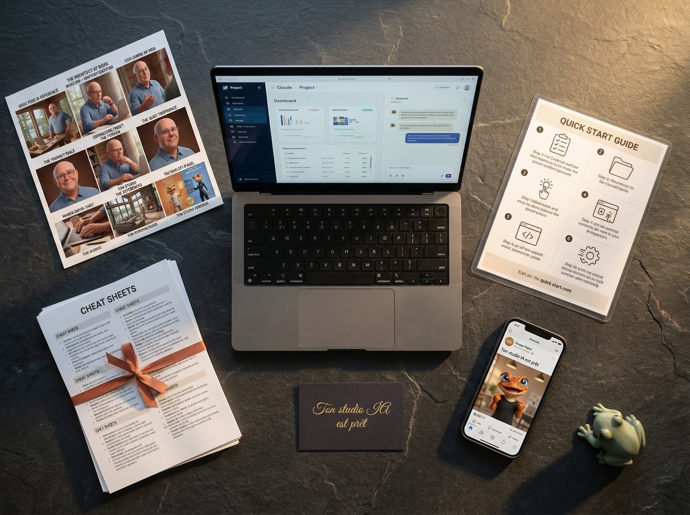 Flat lay des livrables de l'Éclosion : cheat sheet, planche personnage, exemples de contenus, tout disposé sur un bureau élégant