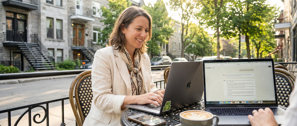 Entrepreneure confiante et autonome, lumière dorée du matin, créant du contenu avec aisance sur son laptop dans un café lumineux